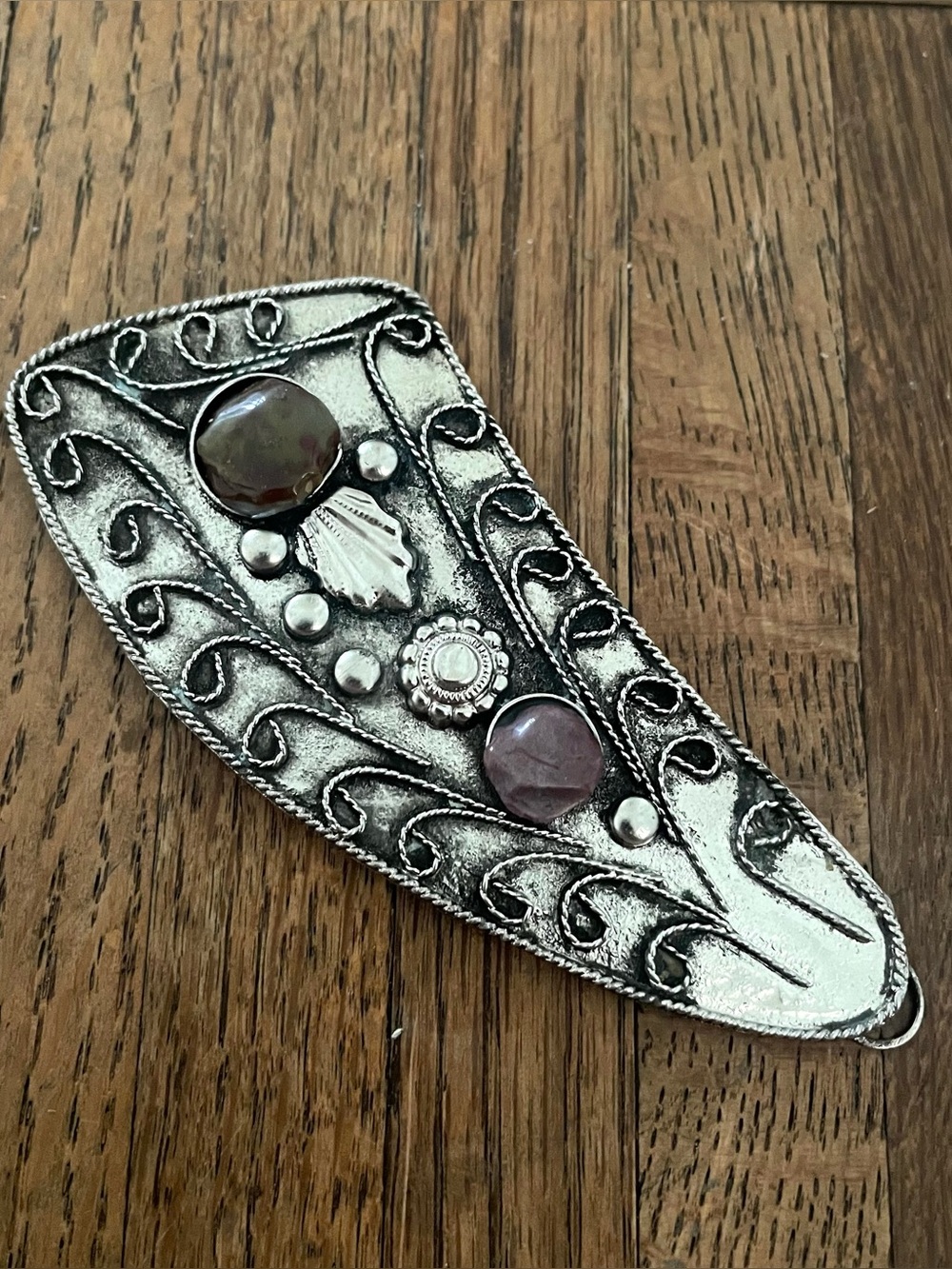 Vintage Silver Plated Filigree Pendant, Agate Cabochons, Tooth Shape Boho
